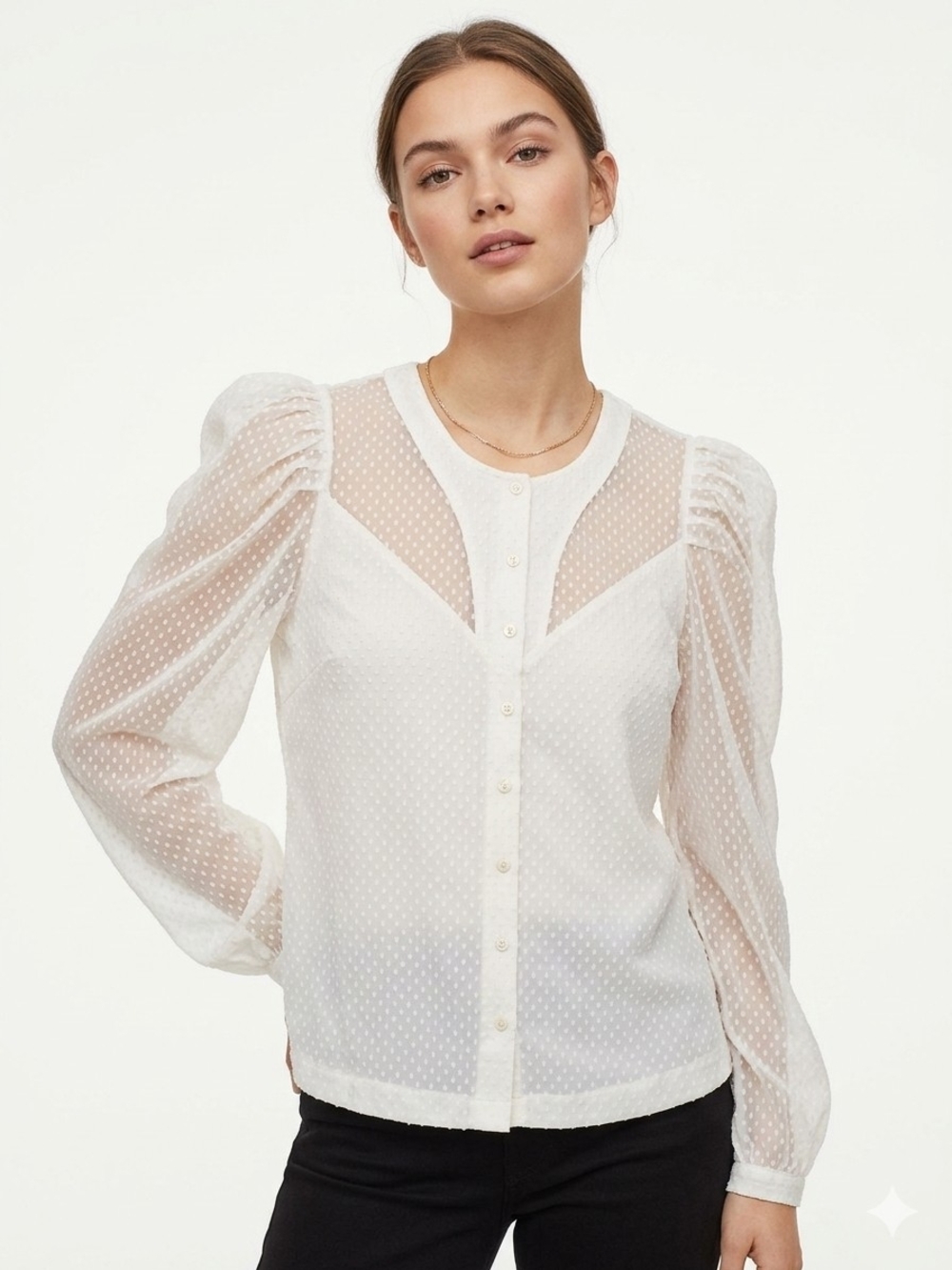 H&M White Sheer Swiss Dot Button-Up Blouse